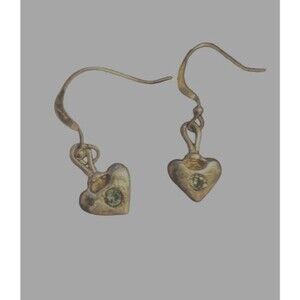 Vintage Signed Sterling Silver  Handmade Genuine Gemstone Heart Dangle Earrings